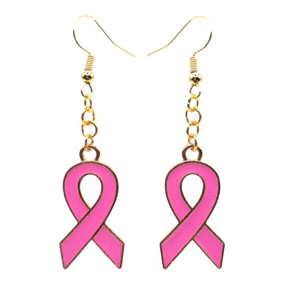 Pink Ribbon Awareness Earrings Gold Tone Dangles - Picture 1 of 4